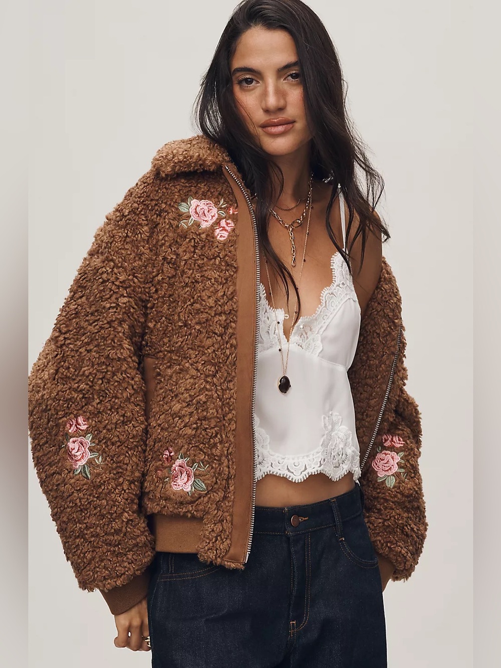 NWT Size XS (P2P 23") - Anthro Floral Embroidered Sherpa Bomber Jacket (US$ 188)